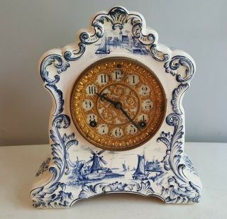 Ansonia " Tioga " Delft Blue & White Porcelain Clock Holland Dutch Theme Antique