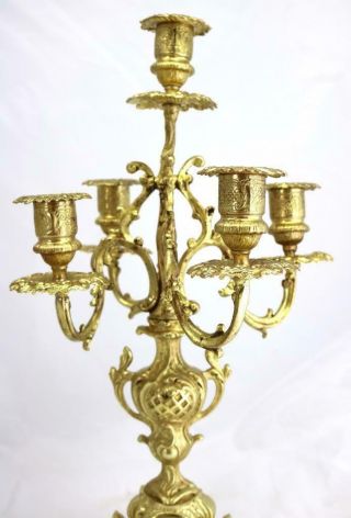 French Mantle Clock 5 Branch Embossed Pierced Gilt Bonze Candelabras 8