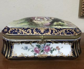 Antique French Dresser Jewelry Box Couples Blue/gold Flowers Signed