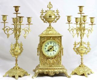 French Antique 19th C Gilt Pierced Bronze Mantle Clock Garniture Set