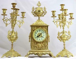 French Antique 19th c Gilt Pierced Bronze Mantle Clock Garniture Set 2