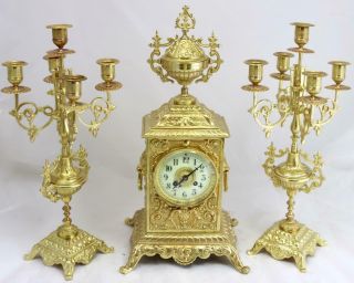 French Antique 19th c Gilt Pierced Bronze Mantle Clock Garniture Set 3