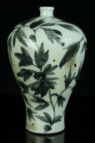 May007f Korean Late Joseon Blue&white Porcelain Grass Design Meiping Vase Bottle