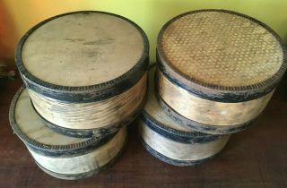 4 Antique Primitive Round Bentwood Pantry Cheese Box Wood 2