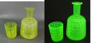Antique Art Deco Uranium Vaseline Glass Liquor Decanter Bottle & Tumbler Cup Set