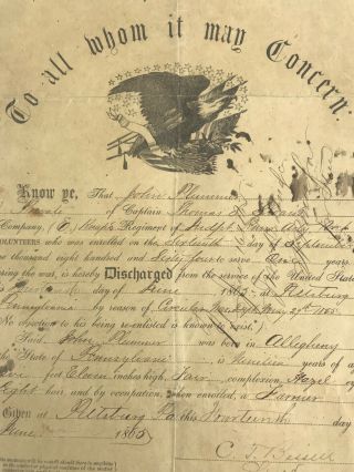 Civil War Discharge Papers June 1865 John Plummer (farmer)