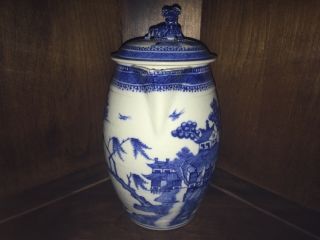 Vintage 1800’s Chinese Porcelain Canton Blue & White Cider Jug Foo Dog Finial
