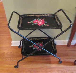 Vintage 2 Tier Black Metal Rolling Cart Tole Flowers Folds For Storage Htf Gvc