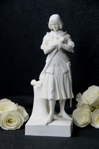 French Antique Signed Bisque Porcelain Statue Jeanne D 