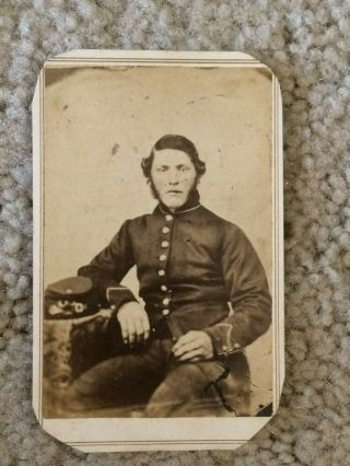 Cdv Photo Federal Us Soldier Inf Rock Coat And Kepion Table Taken In Milford Ma