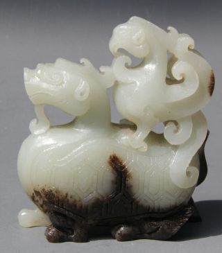 Chinese Exquisite Hand - Carved Dragon Turtle Bird Carving Hetian Jade Statue