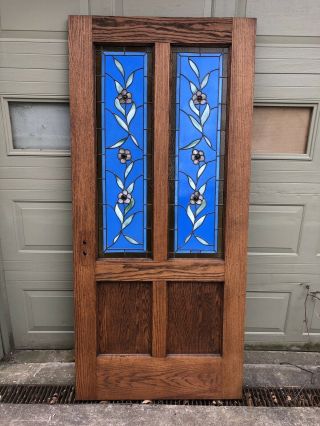Antique Stained Glass Oak Entry Door.  Refinished.  Ready To Install.