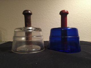 Pair 2 Vintage Round Wood & Glass Cow Butter Mold Stamp Press Cobalt Blue &clear