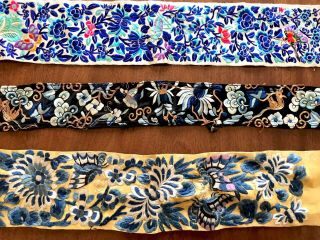 Antique Hand Embroidered Chinese Silk Panels / Belts X 3