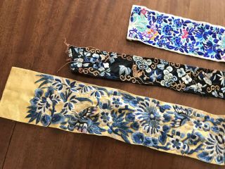 Antique Hand Embroidered Chinese Silk Panels / Belts X 3 2