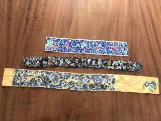 Antique Hand Embroidered Chinese Silk Panels / Belts X 3 3