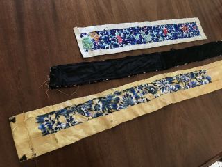 Antique Hand Embroidered Chinese Silk Panels / Belts X 3 6