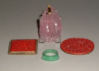 Old,  Vintage Chinese Jade Saddle Ring,  Rose Quartz & 14k Pendant 2 Cinnabar Pins