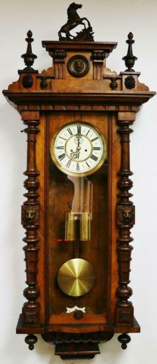 Antique Carved Walnut Twin Weight Regulator 8 Day Gong Strike Vienna Wall Clock