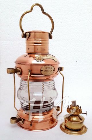 Anchor Oil Lamp Leeds Burton Brass & Copper Nautical Maritime 14 " Ship Lantern
