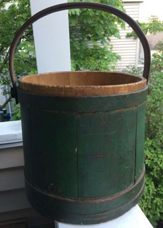 Antique Old Wooden Green Paint Firkin Sugar Bucket Swing Handle No Lid