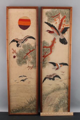 Pair Antique Early - 20thc Japanese Silk Embroidered Diptych Exotic Birds,  Flowers