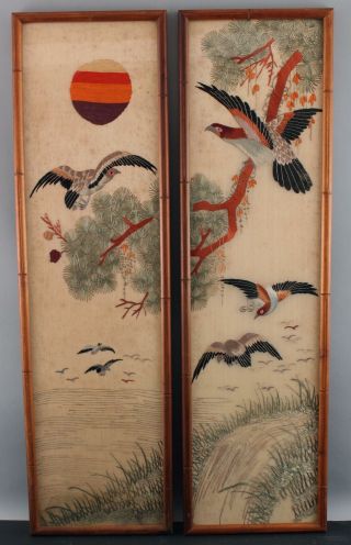 Pair Antique Early - 20thC Japanese Silk Embroidered Diptych Exotic Birds,  Flowers 2