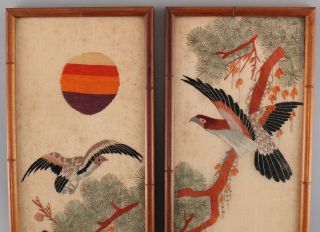 Pair Antique Early - 20thC Japanese Silk Embroidered Diptych Exotic Birds,  Flowers 3