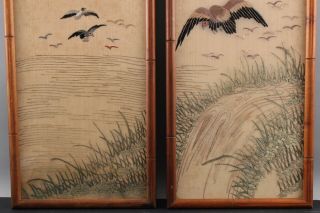 Pair Antique Early - 20thC Japanese Silk Embroidered Diptych Exotic Birds,  Flowers 4