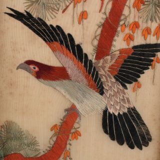 Pair Antique Early - 20thC Japanese Silk Embroidered Diptych Exotic Birds,  Flowers 5
