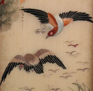Pair Antique Early - 20thC Japanese Silk Embroidered Diptych Exotic Birds,  Flowers 7
