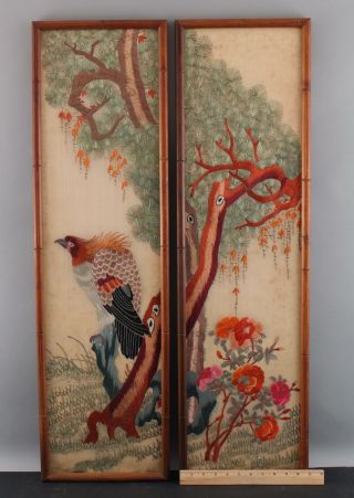 Pair Antique Early - 20thC Japanese Silk Embroidered Diptych Exotic Birds,  Flowers 9