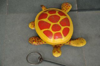 Vintage Red & Yellow Painted Iron Tortoise Mechanical Toy,  England
