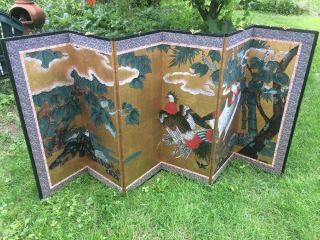 Vintage C.  1920 - 1960s Japanese Byobu 6 - Panel Painted Silk Screen