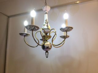 Charming Vintage Rare Brass & Ceramic 5 - Arm French Chandelier From C1950s.
