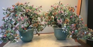 Vintage Asian Jade Agate Glass Leaves Flowers Bonsai Trees Celadon Vase 20x14” 2