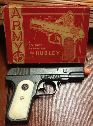 1938 Vintage Hubley Cast Iron 1911 Army Colt.  45 Automatic Cap Gun W Box Pre Ww2