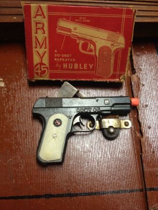 1938 VINTAGE HUBLEY CAST IRON 1911 ARMY COLT.  45 AUTOMATIC CAP GUN w BOX PRE WW2 4
