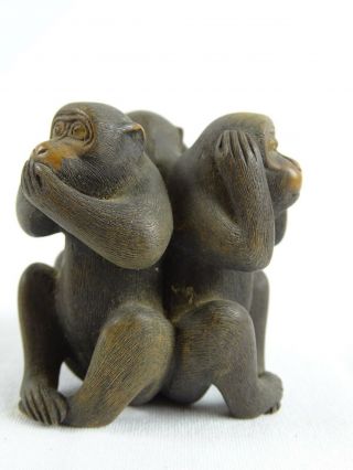 Rare Antique Japanese Signed Carved Boxwood 3 Wise Monkey Okimono Japan Meiji