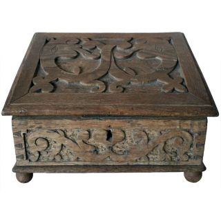 Antique Swedish Baroque Hand Carved Oak Slanted Top Desk Box 17th Century