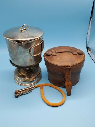 Rare Antique Wwi British Officers Portable Cooking Stove With Leather Case Vg,