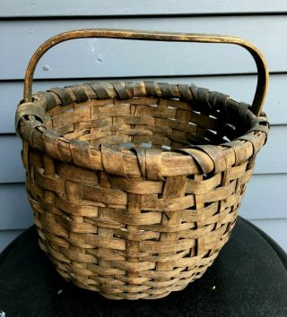 Antique Primitive Gathering Basket Splint Carved Handle England Farmhouse