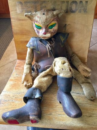 Antique Folk Art Puss In Boots Jointed Wood Victorian Puppet Marionette
