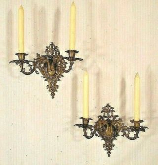 Antique Early 20th Century Solid Brass Rococo Double Arm Candle Sconces