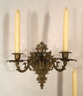 ANTIQUE EARLY 20th CENTURY SOLID BRASS ROCOCO DOUBLE ARM CANDLE SCONCES 3
