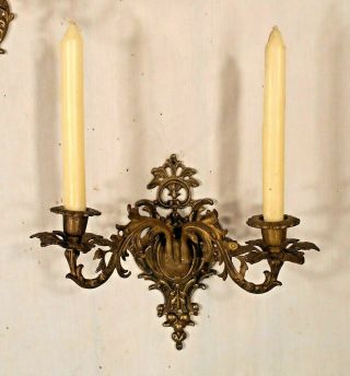 ANTIQUE EARLY 20th CENTURY SOLID BRASS ROCOCO DOUBLE ARM CANDLE SCONCES 4