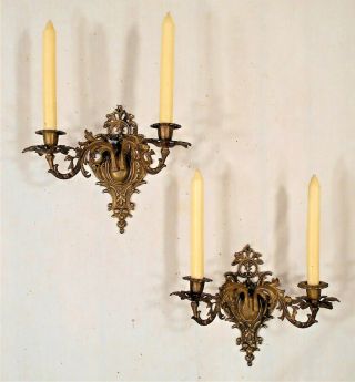 ANTIQUE EARLY 20th CENTURY SOLID BRASS ROCOCO DOUBLE ARM CANDLE SCONCES 5