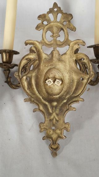 ANTIQUE EARLY 20th CENTURY SOLID BRASS ROCOCO DOUBLE ARM CANDLE SCONCES 6