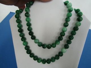 Vintage Chinese Dark Green Jade Large 10 Mm Bead Necklace 90 Cm Long