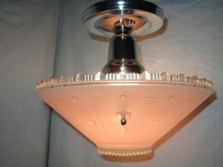 Antique Art Deco Vtg 30s Pink Light Fixture Glass Shade Chrome Chandelier
